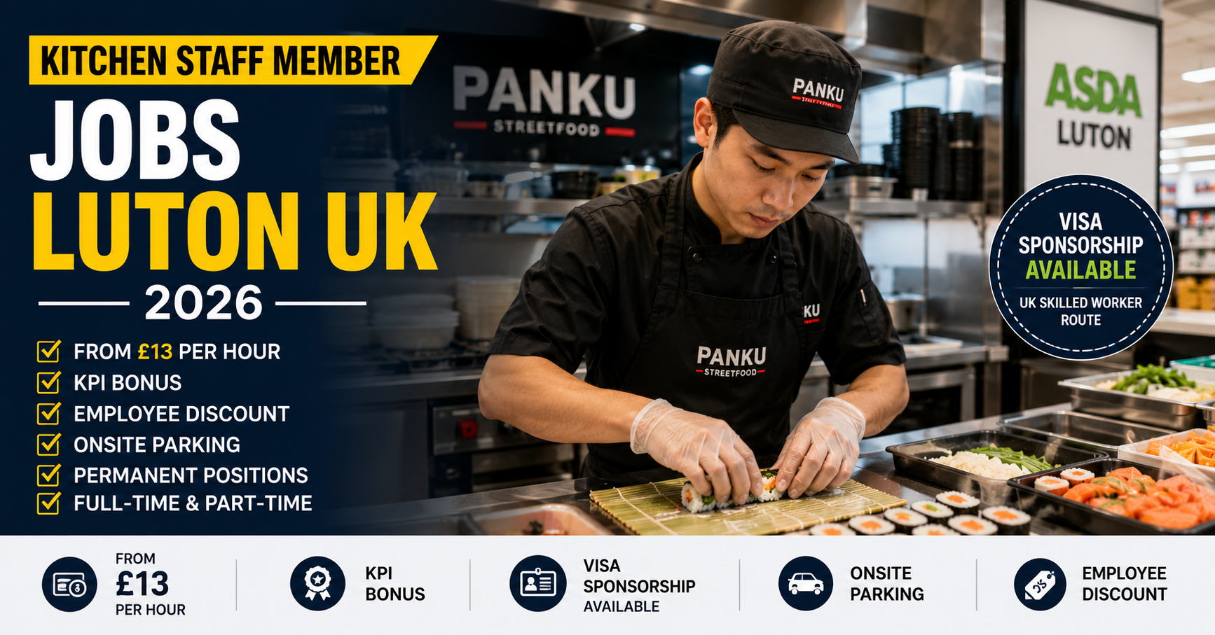 Professional kitchen staff member preparing fresh sushi in a modern Panku Streetfood kitchen inside a supermarket in Luton, United Kingdom