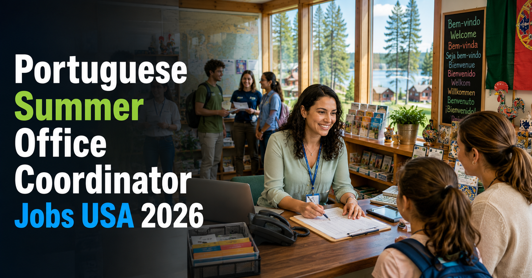 Portuguese Summer Office Coordinator assisting staff and families at a summer language village in Minnesota USA 2026